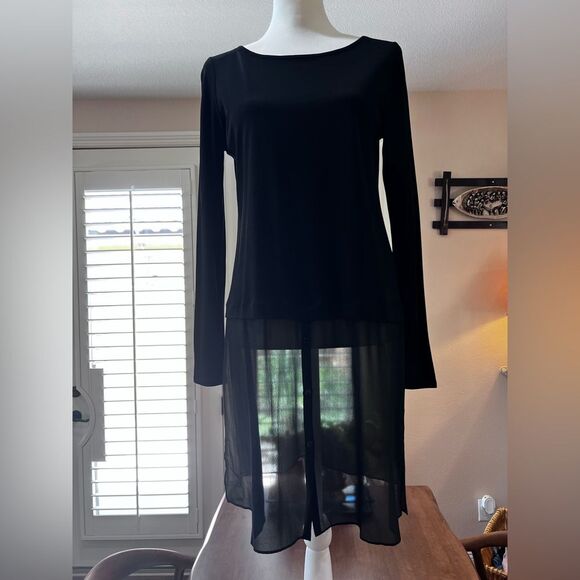 Eileen Fisher Black Longline 100% Silk Tunic Bateau Neck Sheer Chiffon Hem Sz S - Picture 2 of 7